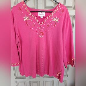 Quacker Factory Pullover Pink Sequins V Neck SzXL 3/4Sleeves 100% Cotton Quality